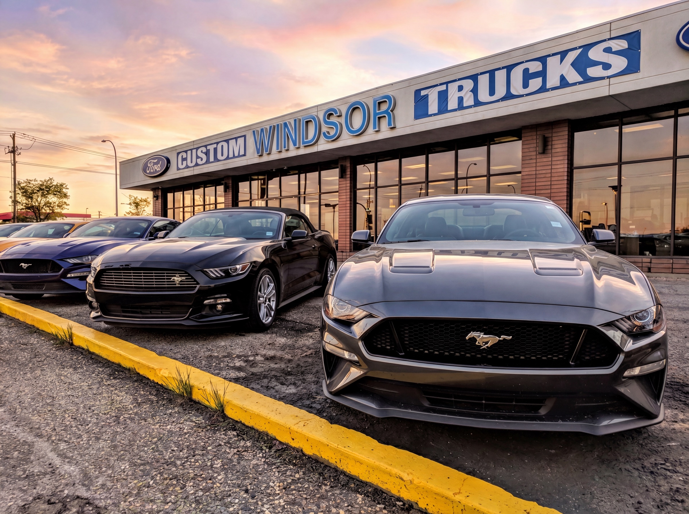 The previous Windsor Ford “Custom Windsor Trucks” dealership on Grande Prairie’s Auto Row, with Ford Mustangs out front