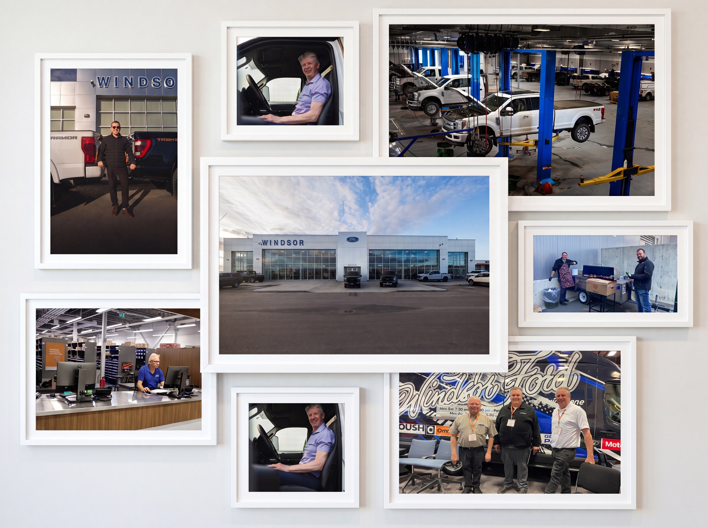 A collage of Windsor Ford today: the dealership building, the service shop, the parts counter, and the team