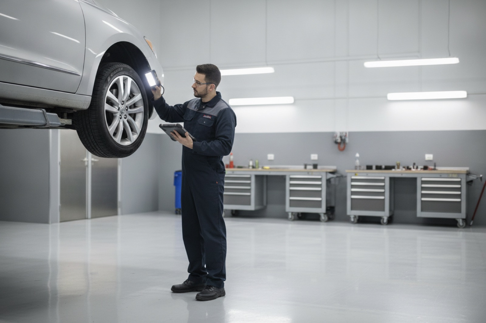 A factory-trained technician inspecting a vehicle in the Windsor Ford service shop