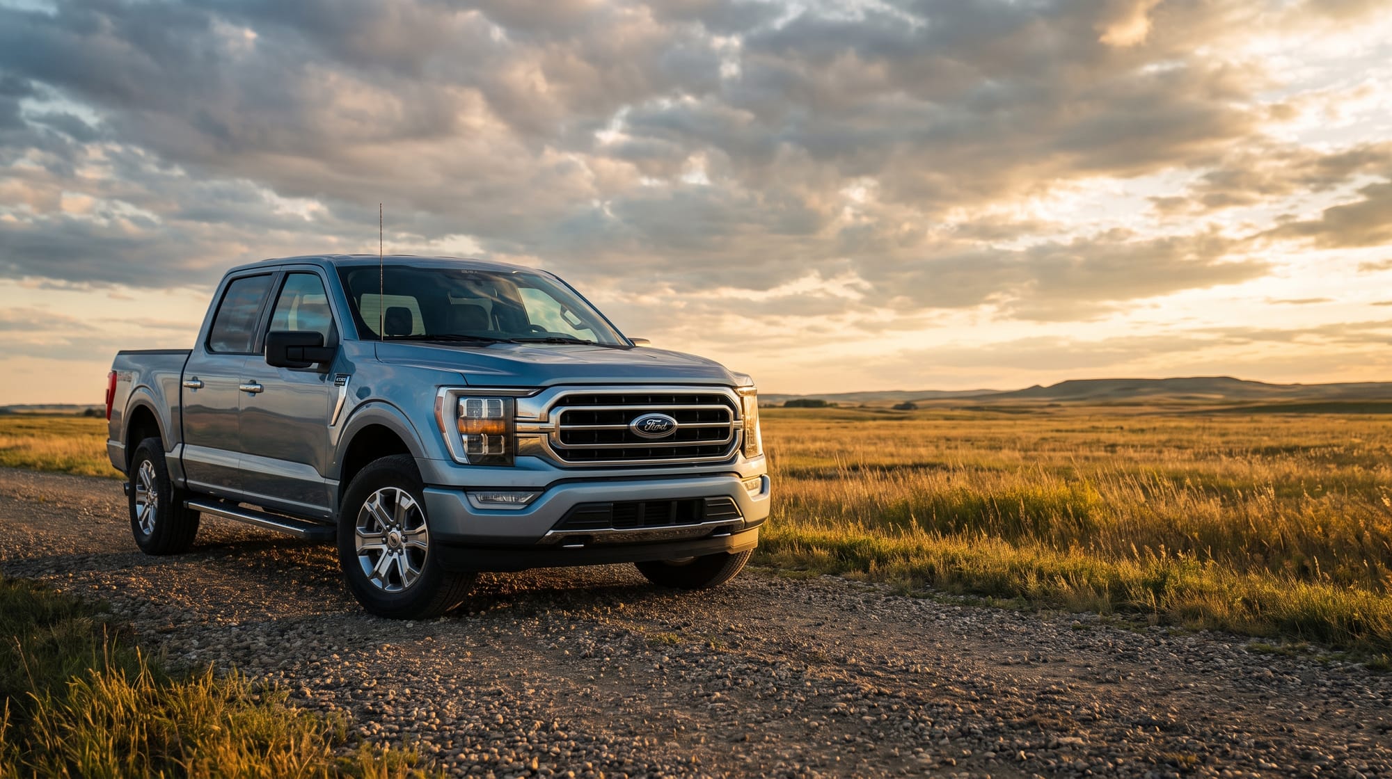 Ford F-150 on a Peace Country gravel road at golden hour