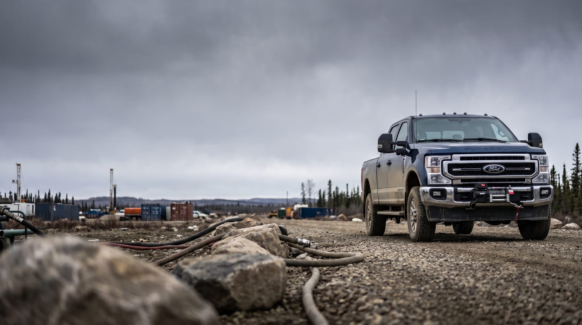 Ford Super Duty at a northern Alberta jobsite under an overcast sky