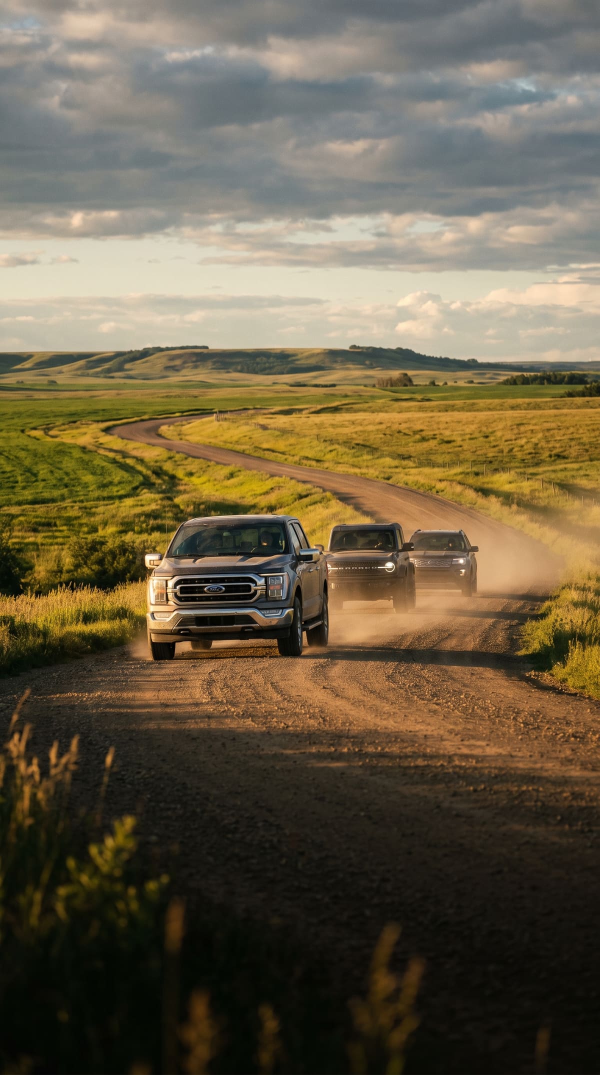 A Ford F-150 leading a Ford lineup down a Peace Country back-road at golden hour