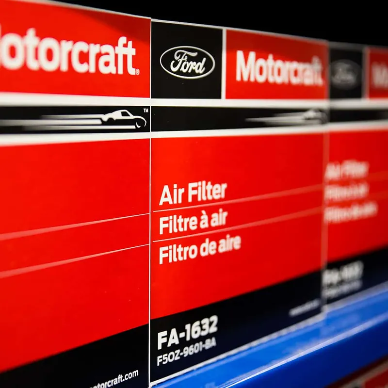 A red Motorcraft parts box with the Ford oval