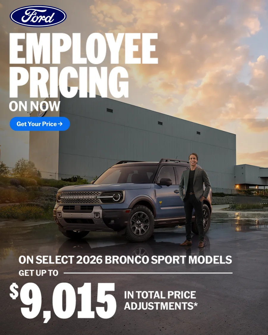 Ford Employee Pricing is on now — get up to $9,015 in total price adjustments on select 2026 Bronco Sport models.