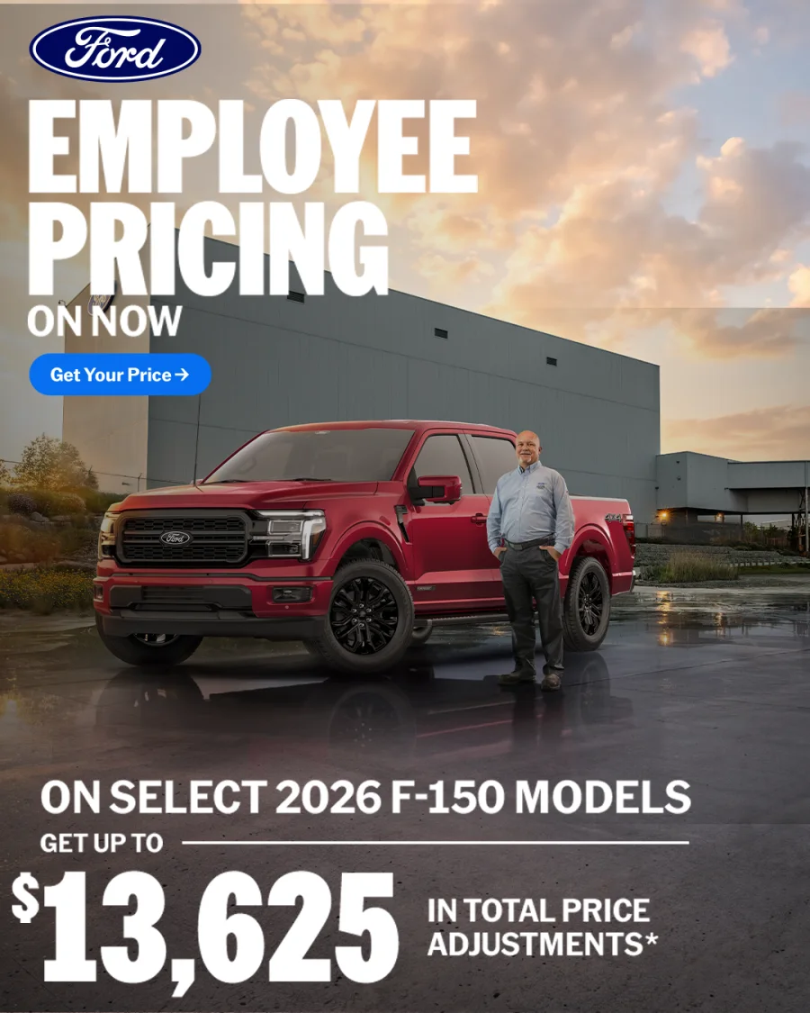 Ford Employee Pricing is on now — get up to $13,625 in total price adjustments on select 2026 F-150 models.