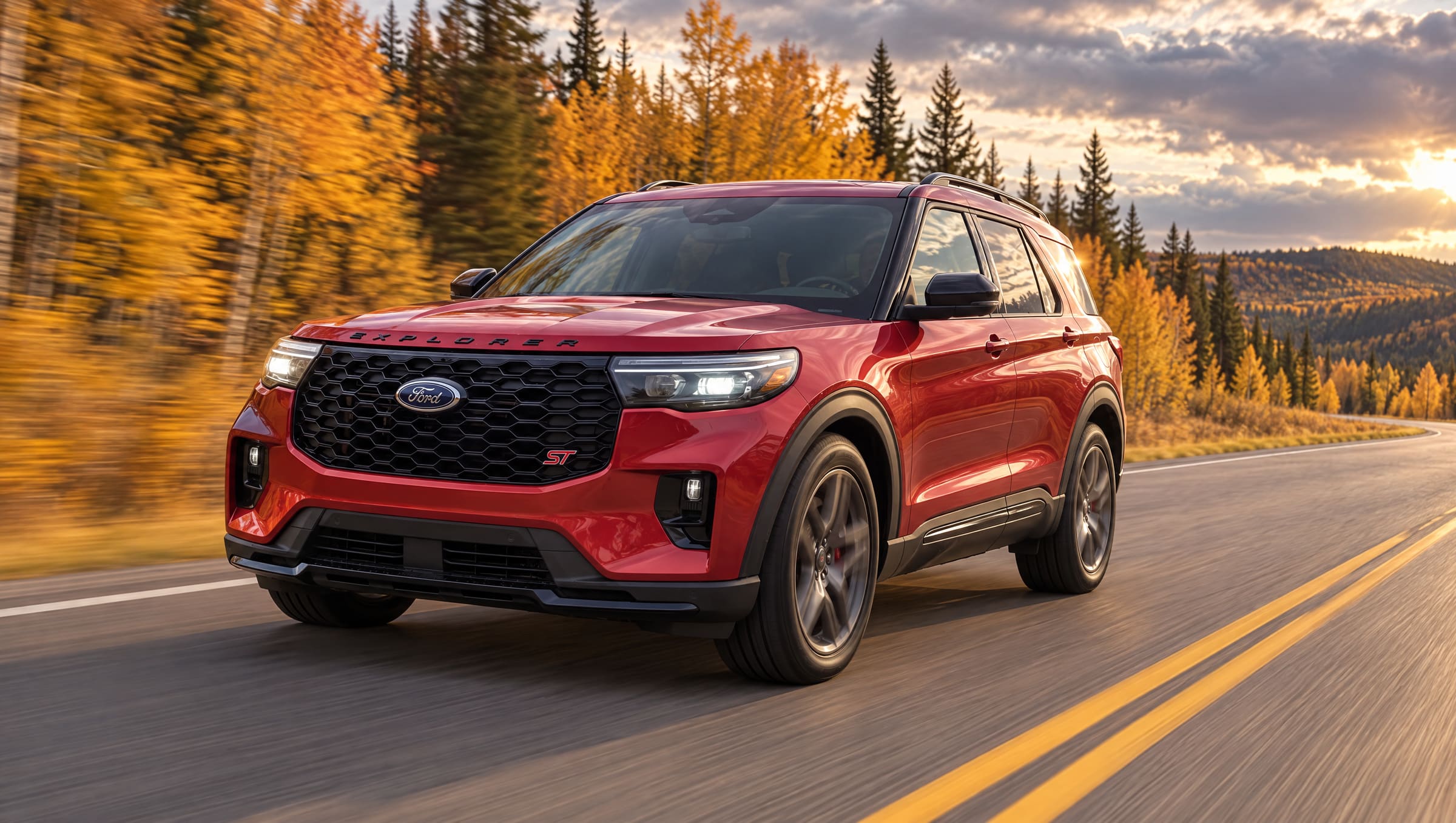 A red Ford Explorer ST driving down a highway through golden autumn forest at sunset