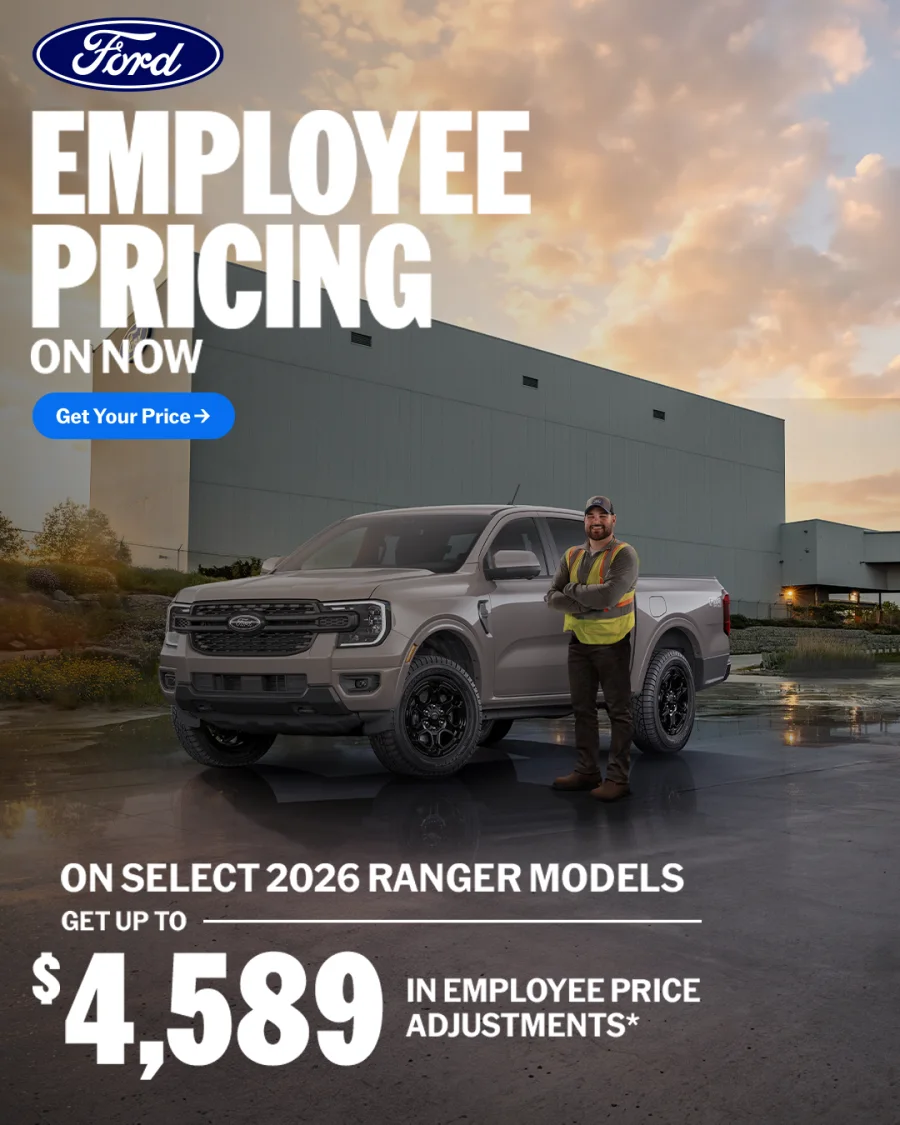 Ford Employee Pricing is on now — get up to $4,589 in employee price adjustments on select 2026 Ranger models.